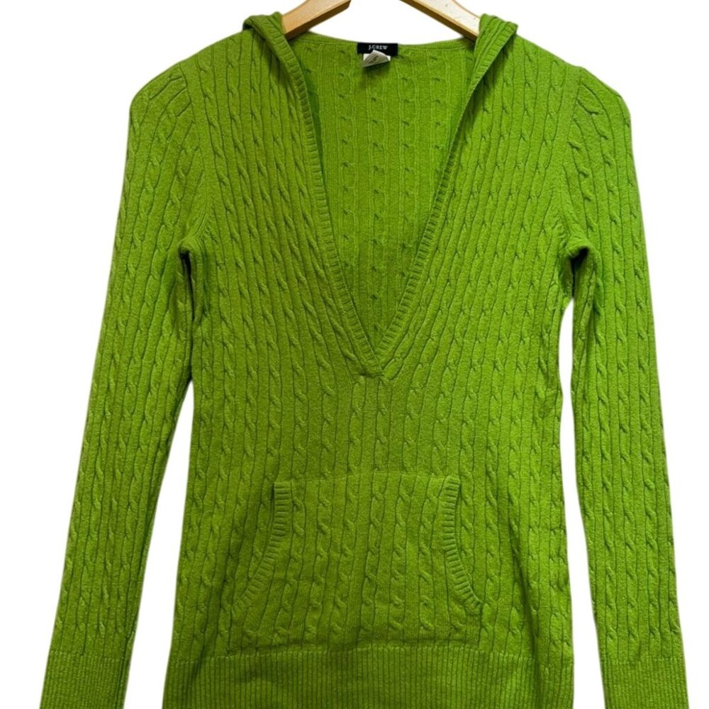 J. Crew Women's Deep V Neck Wool Pullover Hooded Sweater Cable Knit Size S Green